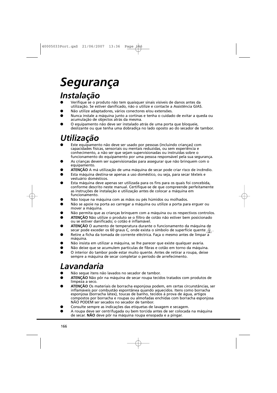 Segurança, Instalação, Utilização | Lavandaria | Candy GO DC 67-86S User Manual | Page 166 / 182