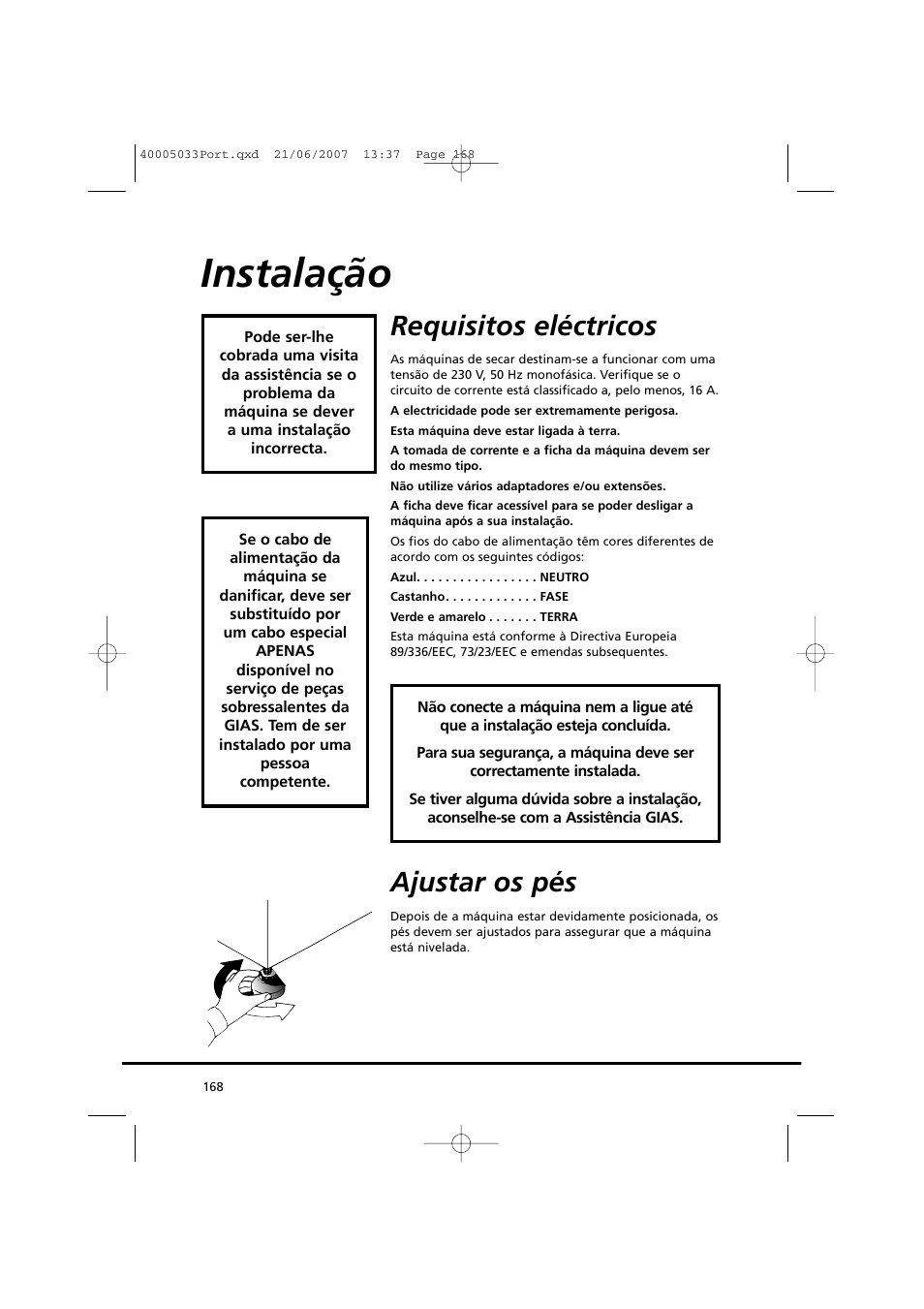 Instalação, Requisitos eléctricos, Ajustar os pés | Candy GO DC 67-86S User Manual | Page 168 / 182