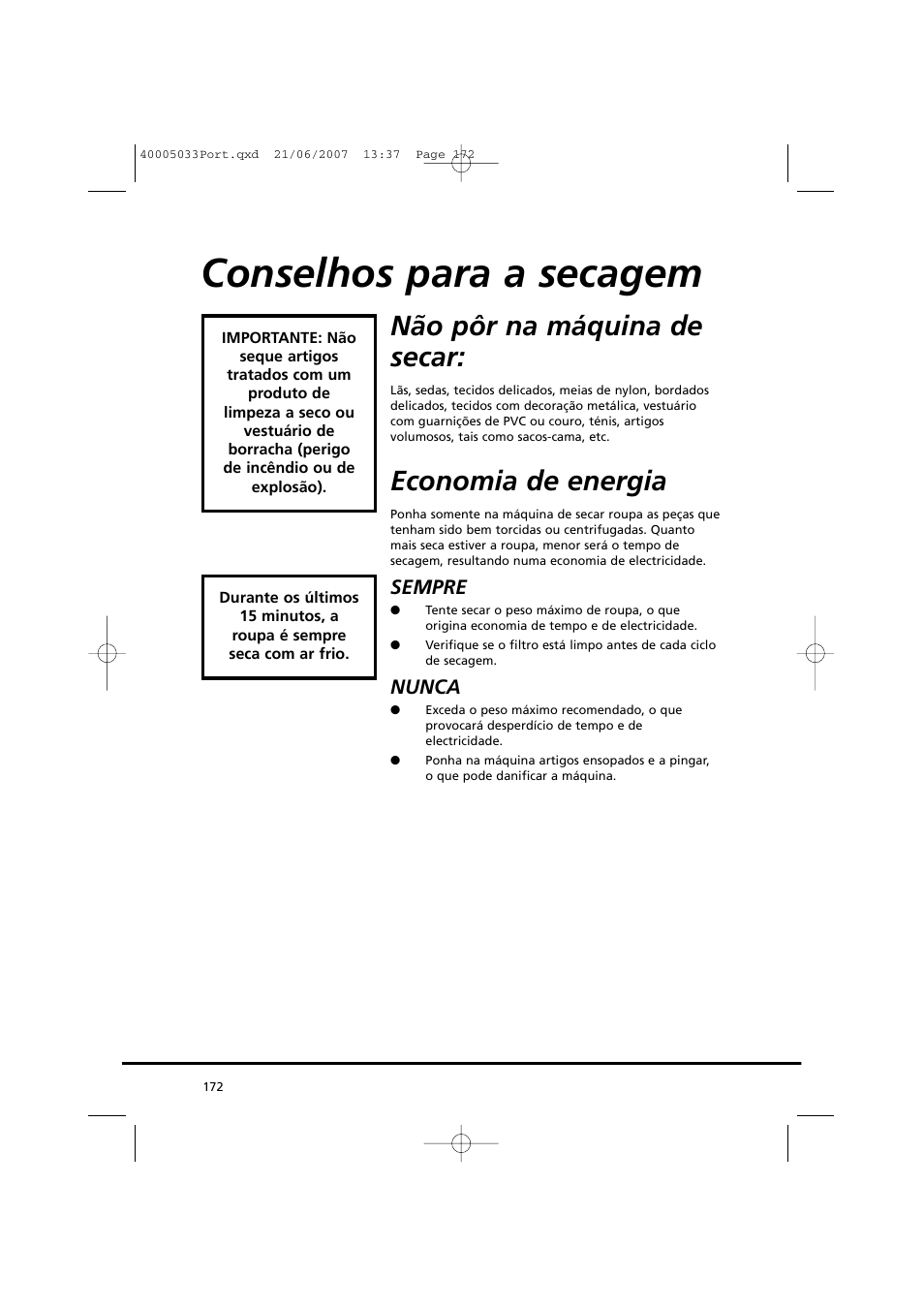 Conselhos para a secagem, Não pôr na máquina de secar, Economia de energia | Candy GO DC 67-86S User Manual | Page 172 / 182