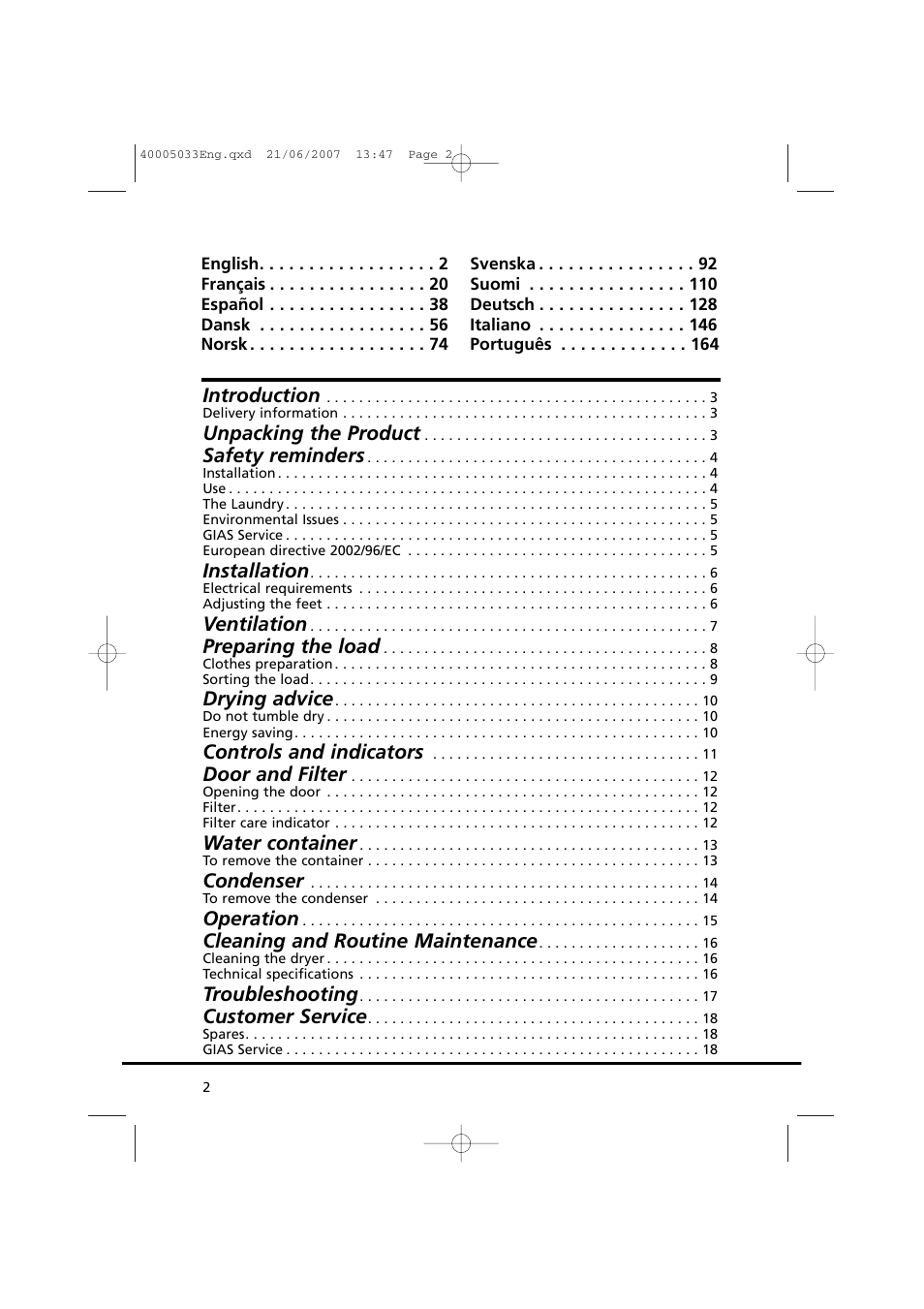 Introduction, Unpacking the product, Safety reminders | Installation, Ventilation, Preparing the load, Drying advice, Controls and indicators, Door and filter, Water container | Candy GO DC 67-86S User Manual | Page 2 / 182