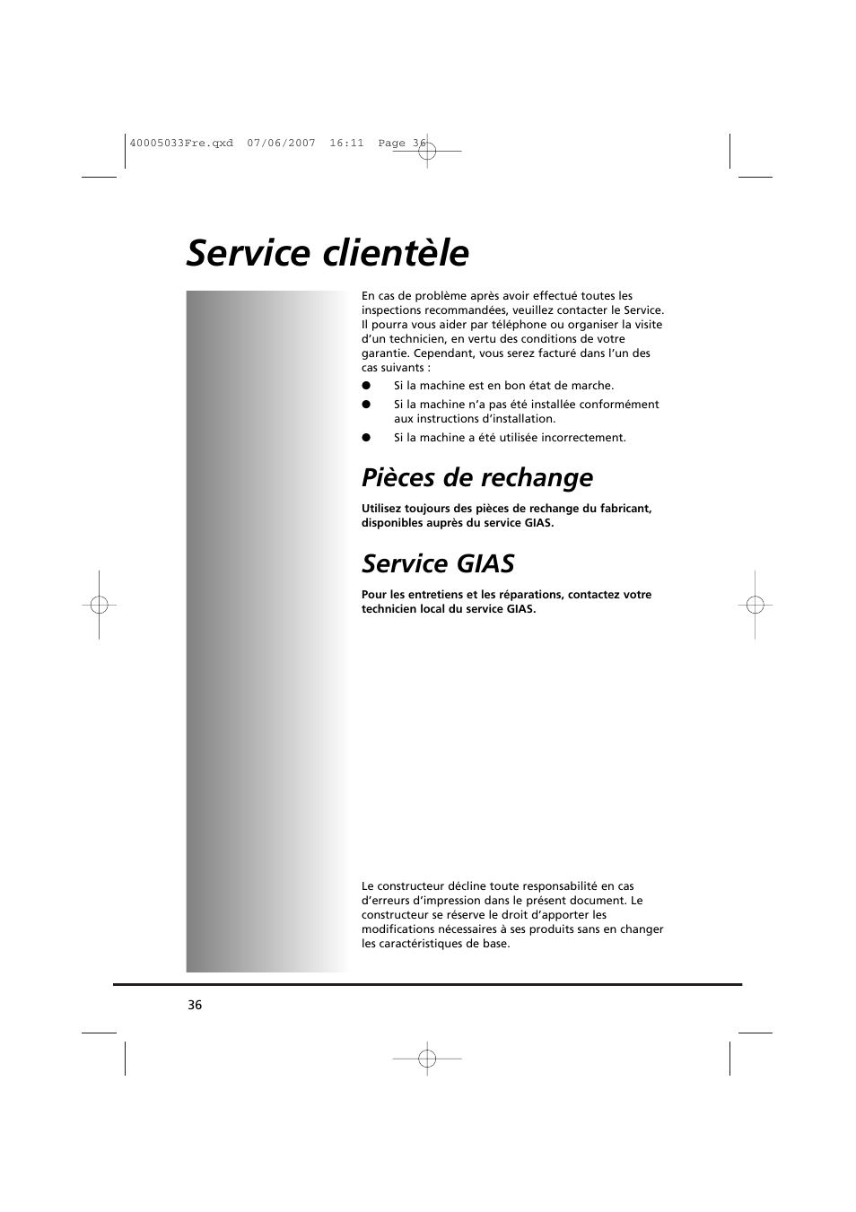 Service clientèle, Pièces de rechange, Service gias | Candy GO DC 67-86S User Manual | Page 36 / 182