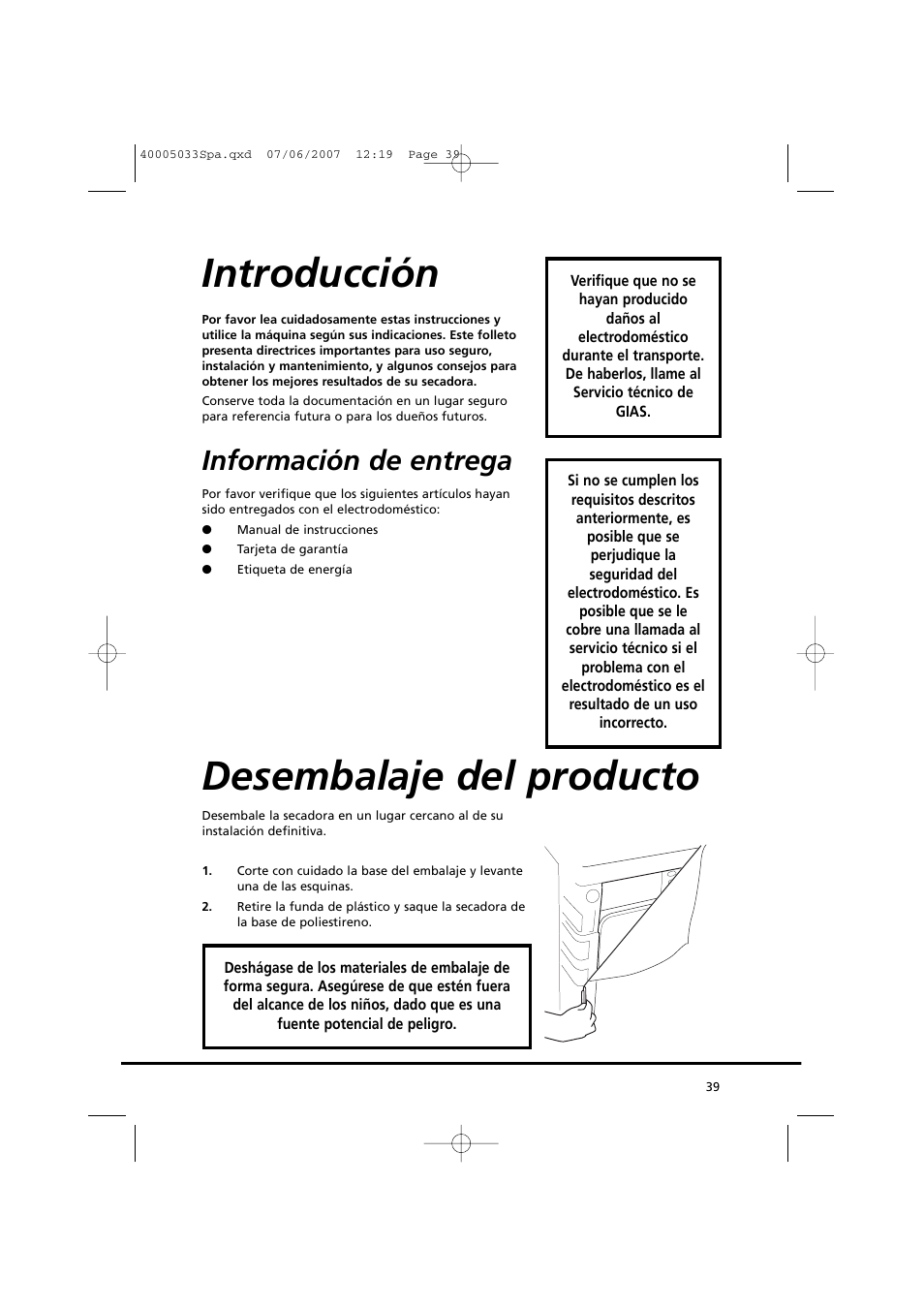 Introducción, Desembalaje del producto, Información de entrega | Candy GO DC 67-86S User Manual | Page 39 / 182
