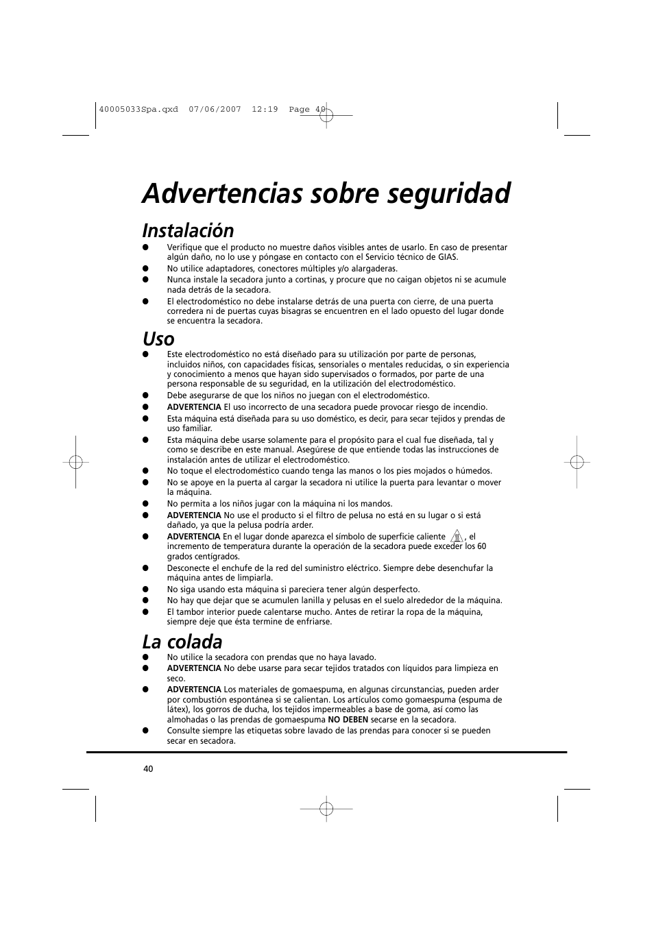 Advertencias sobre seguridad, Instalación, La colada | Candy GO DC 67-86S User Manual | Page 40 / 182
