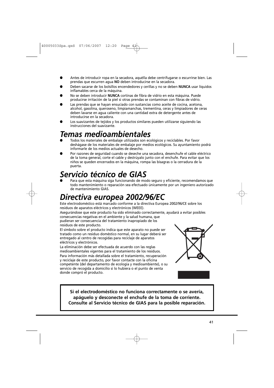 Temas medioambientales, Servicio técnico de gias | Candy GO DC 67-86S User Manual | Page 41 / 182