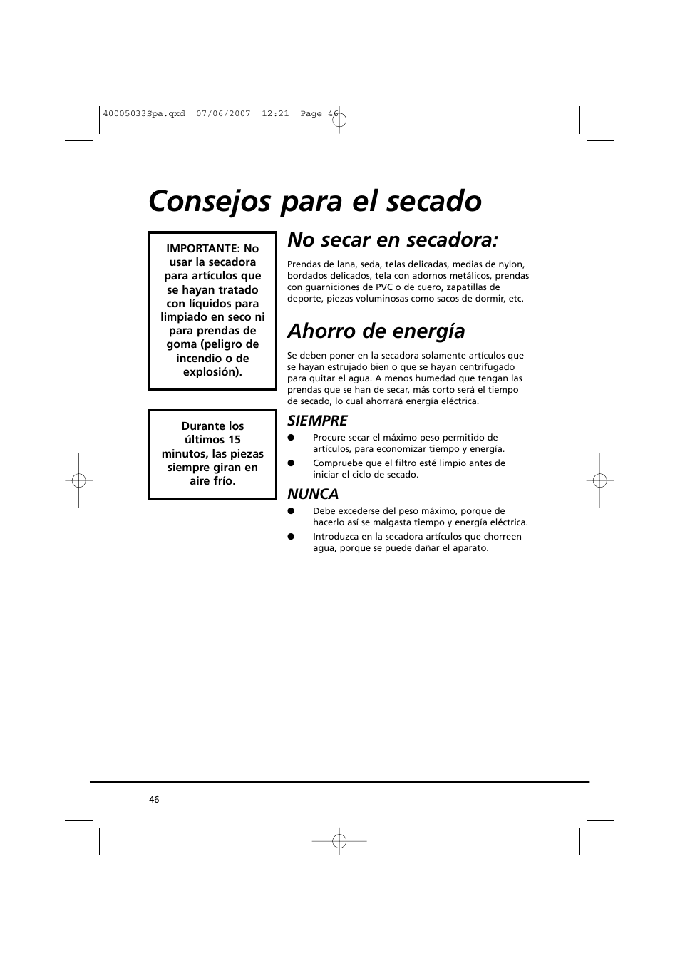 Consejos para el secado, No secar en secadora, Ahorro de energía | Siempre, Nunca | Candy GO DC 67-86S User Manual | Page 46 / 182