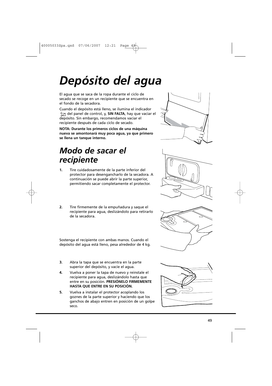 Depósito del agua, Modo de sacar el recipiente | Candy GO DC 67-86S User Manual | Page 49 / 182