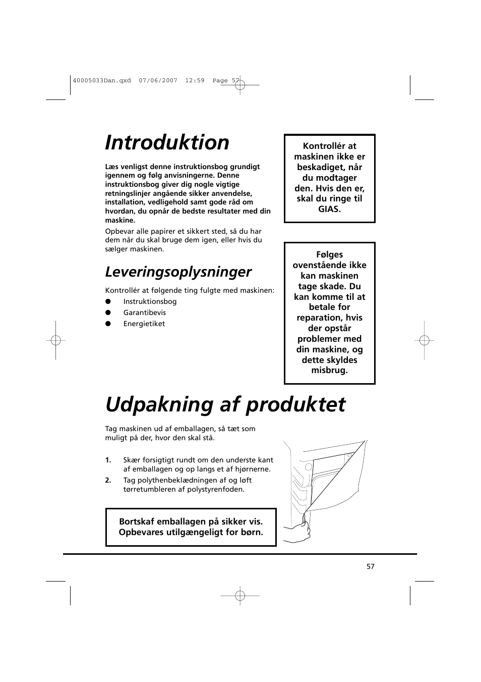 Introduktion, Udpakning af produktet, Leveringsoplysninger | Candy GO DC 67-86S User Manual | Page 57 / 182