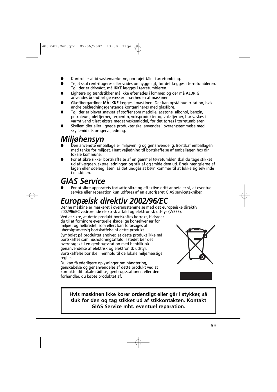 Miljøhensyn, Gias service | Candy GO DC 67-86S User Manual | Page 59 / 182