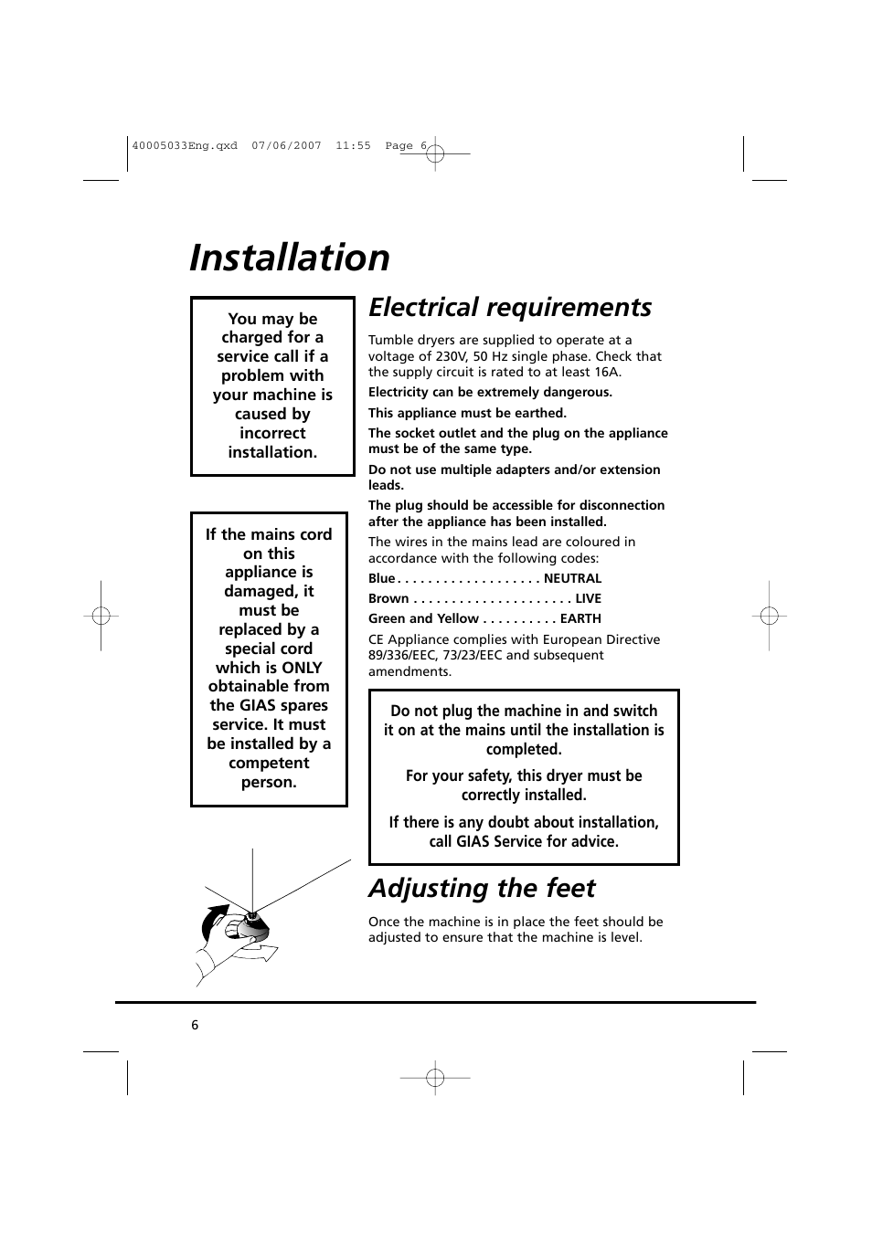 Installation, Electrical requirements, Adjusting the feet | Candy GO DC 67-86S User Manual | Page 6 / 182