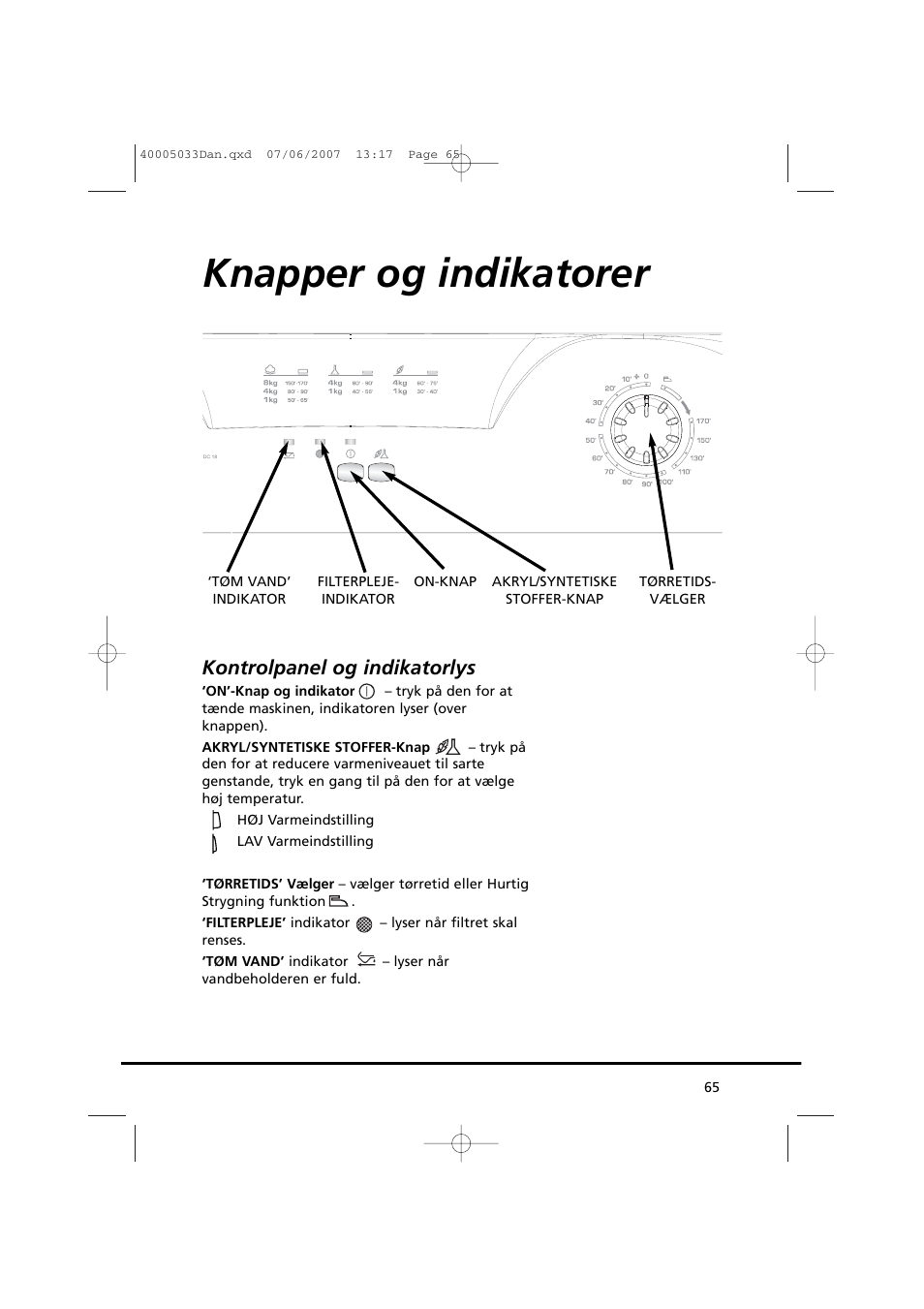 Knapper og indikatorer, Kontrolpanel og indikatorlys | Candy GO DC 67-86S User Manual | Page 65 / 182