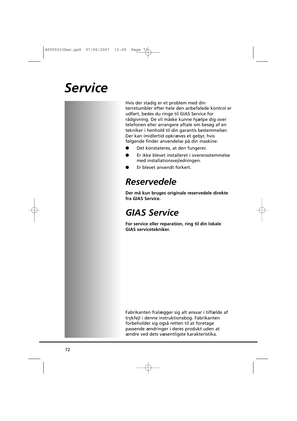 Service, Reservedele, Gias service | Candy GO DC 67-86S User Manual | Page 72 / 182