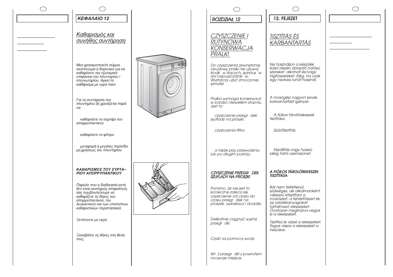 Cleaning and routine maintenance, Nettoyage et entretien ordinaire, Czyszczenie i rutynowa konserwacja pralki | Tisztítás és karbantartás | Candy CBD1163-37S User Manual | Page 32 / 37