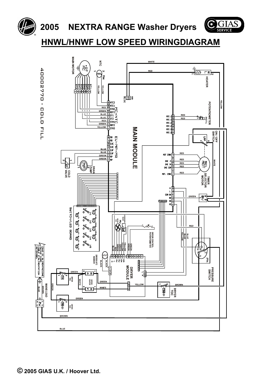 2005 nextra range washer dryers, Hnwl/hnwf low speed wiringdiagram | Candy CLD135-86S User Manual | Page 16 / 22