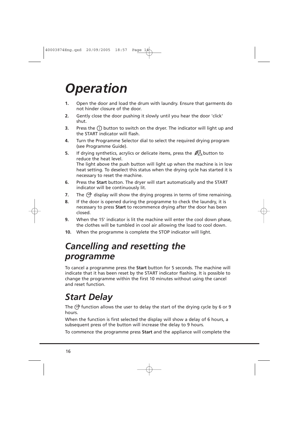 Operation, Cancelling and resetting the programme, Start delay | Candy CC2 67T-01S User Manual | Page 16 / 112