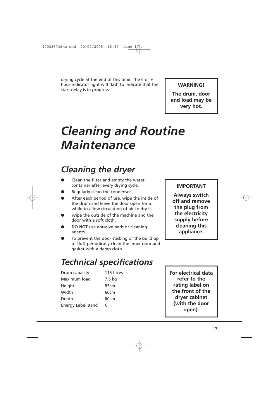 Cleaning and routine maintenance, Cleaning the dryer, Technical specifications | Candy CC2 67T-01S User Manual | Page 17 / 112
