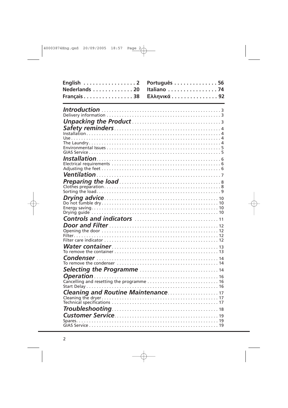 Introduction, Unpacking the product, Safety reminders | Installation, Ventilation, Preparing the load, Drying advice, Controls and indicators, Door and filter, Water container | Candy CC2 67T-01S User Manual | Page 2 / 112