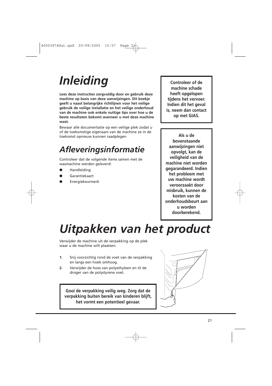 Inleiding, Uitpakken van het product, Afleveringsinformatie | Candy CC2 67T-01S User Manual | Page 21 / 112