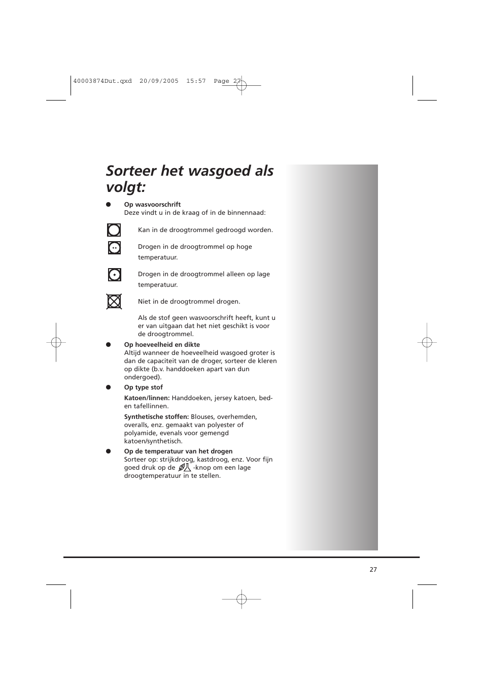 Sorteer het wasgoed als volgt | Candy CC2 67T-01S User Manual | Page 27 / 112