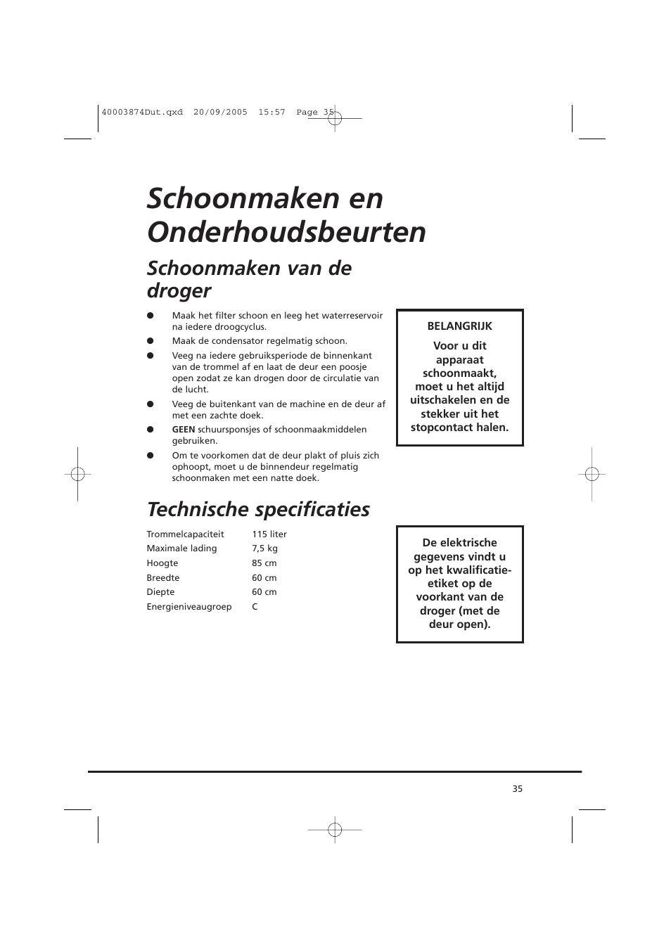 Schoonmaken en onderhoudsbeurten, Schoonmaken van de droger, Technische specificaties | Candy CC2 67T-01S User Manual | Page 35 / 112