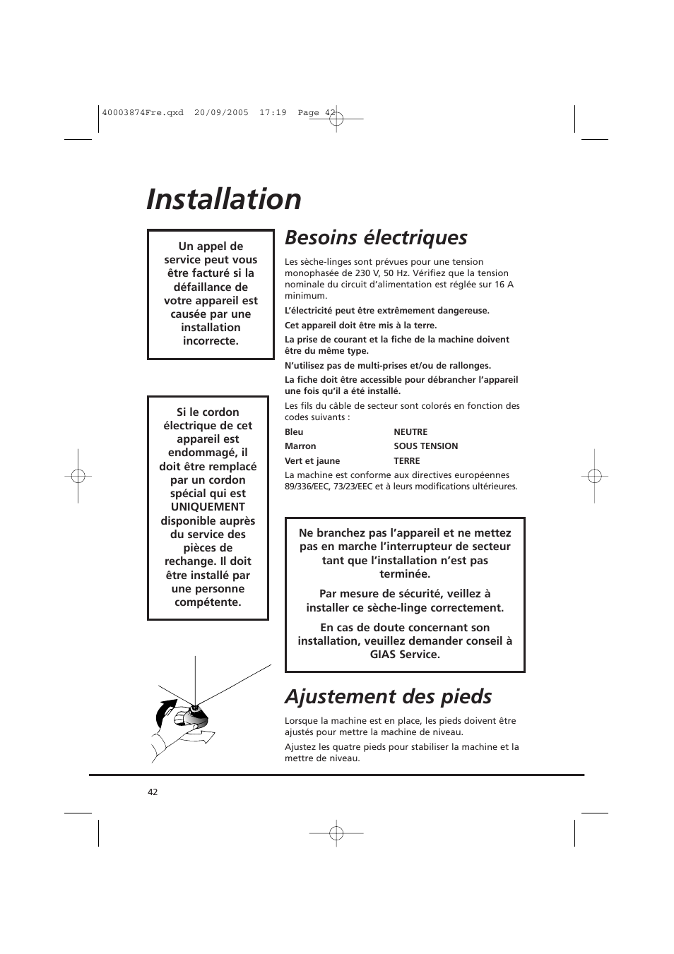 Installation, Besoins électriques, Ajustement des pieds | Candy CC2 67T-01S User Manual | Page 42 / 112