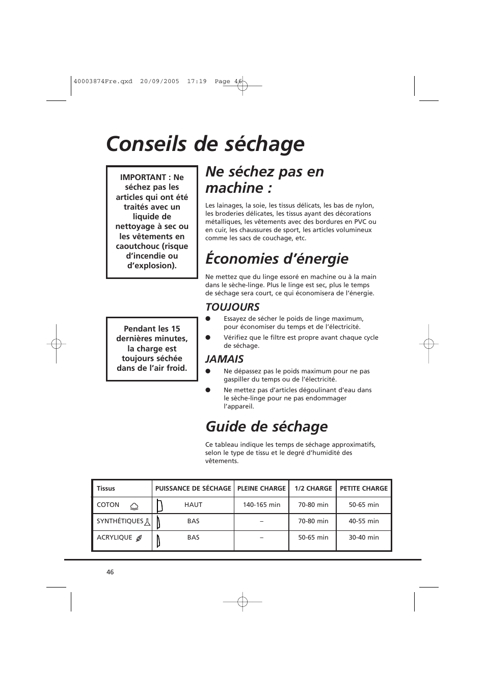 Conseils de séchage, Ne séchez pas en machine, Économies d’énergie | Guide de séchage, Toujours, Jamais | Candy CC2 67T-01S User Manual | Page 46 / 112