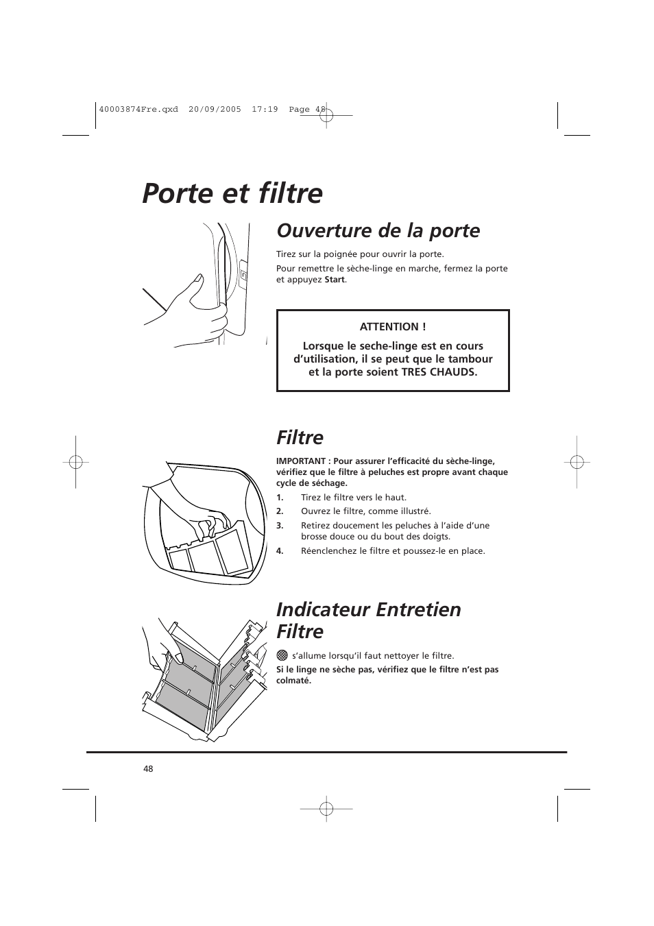 Porte et filtre, Ouverture de la porte, Filtre | Indicateur entretien filtre | Candy CC2 67T-01S User Manual | Page 48 / 112