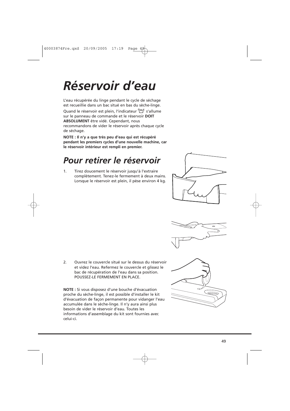 Réservoir d’eau, Pour retirer le réservoir | Candy CC2 67T-01S User Manual | Page 49 / 112