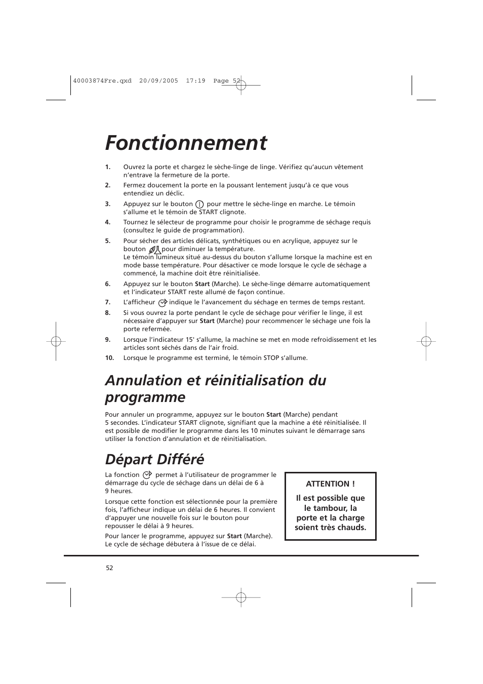 Fonctionnement, Annulation et réinitialisation du programme, Départ différé | Candy CC2 67T-01S User Manual | Page 52 / 112