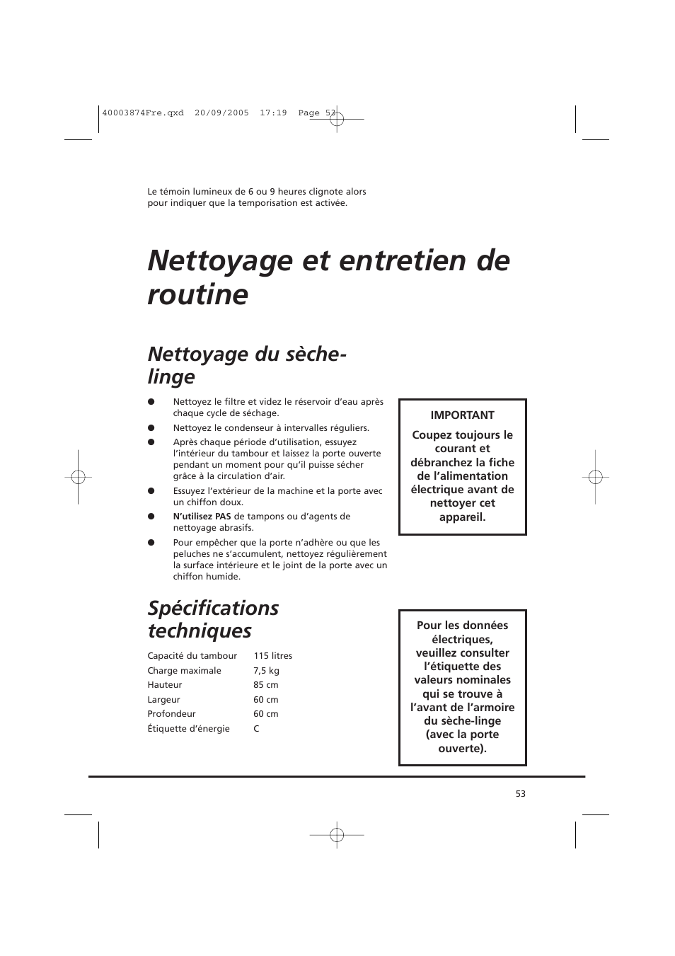 Nettoyage et entretien de routine, Nettoyage du sèche- linge, Spécifications techniques | Candy CC2 67T-01S User Manual | Page 53 / 112