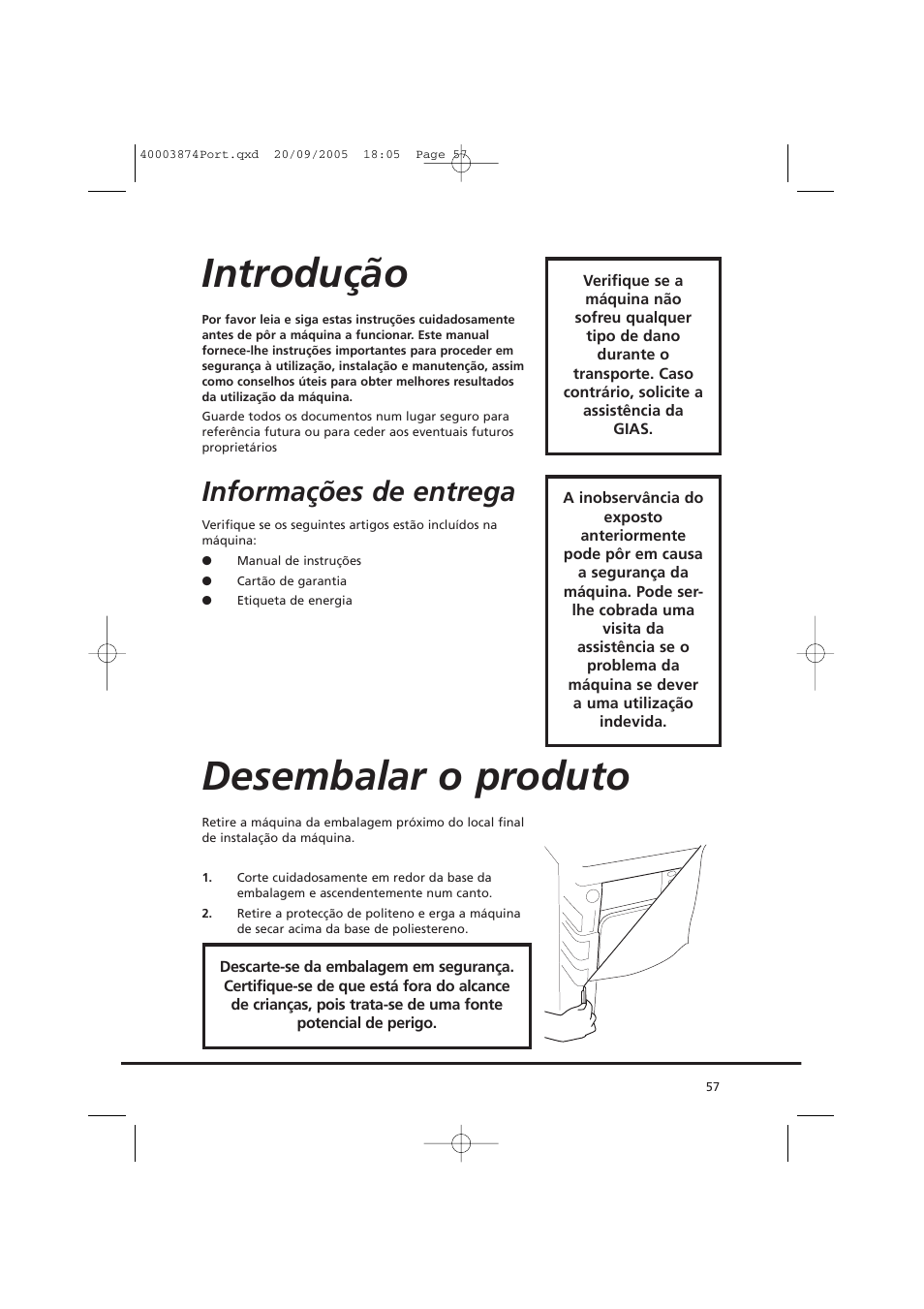 Introdução, Desembalar o produto, Informações de entrega | Candy CC2 67T-01S User Manual | Page 57 / 112