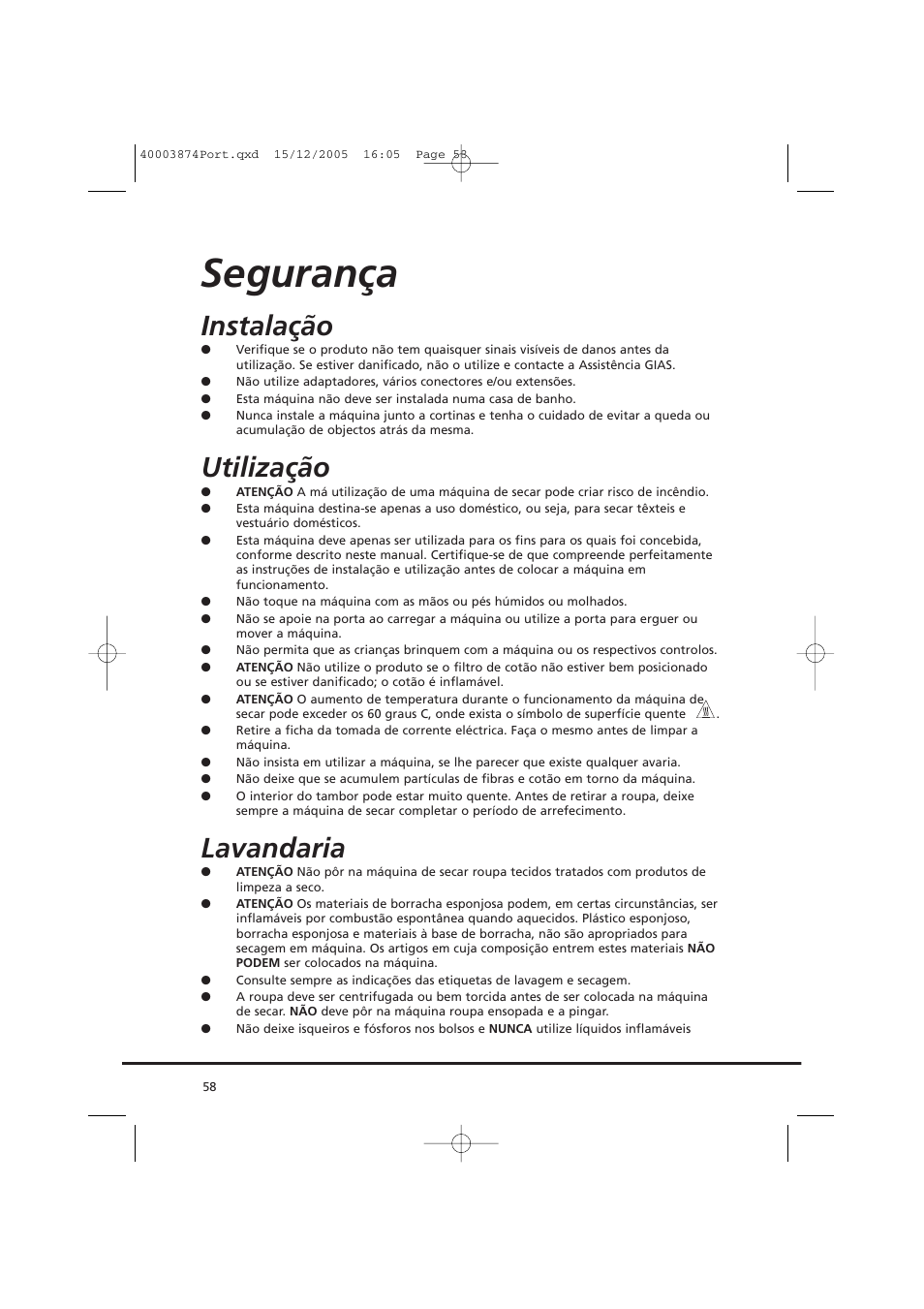 Segurança, Instalação, Utilização | Lavandaria | Candy CC2 67T-01S User Manual | Page 58 / 112