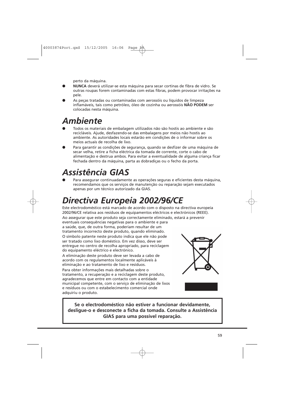 Ambiente, Assistência gias | Candy CC2 67T-01S User Manual | Page 59 / 112