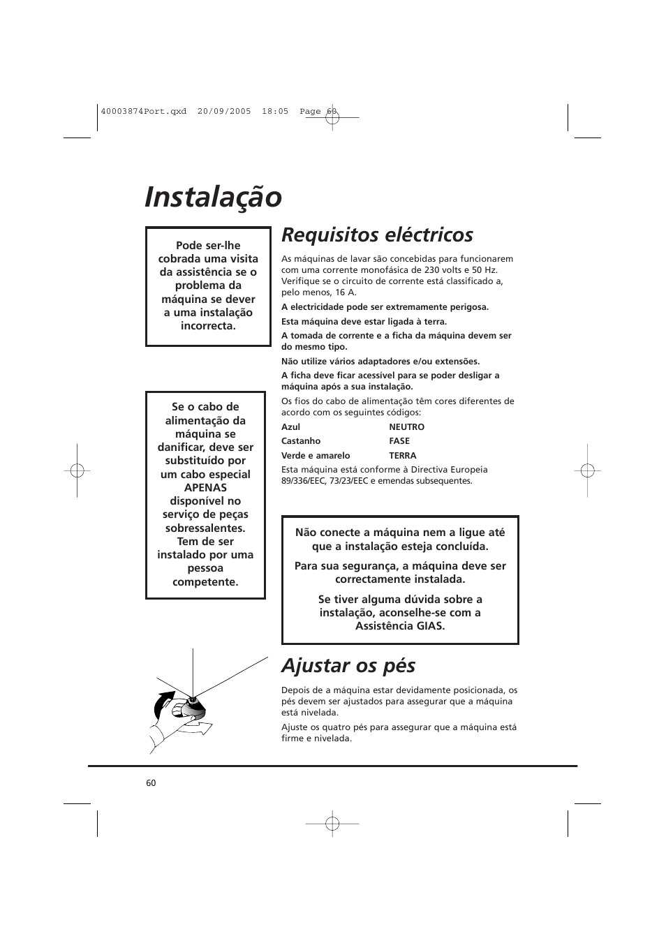 Instalação, Requisitos eléctricos, Ajustar os pés | Candy CC2 67T-01S User Manual | Page 60 / 112