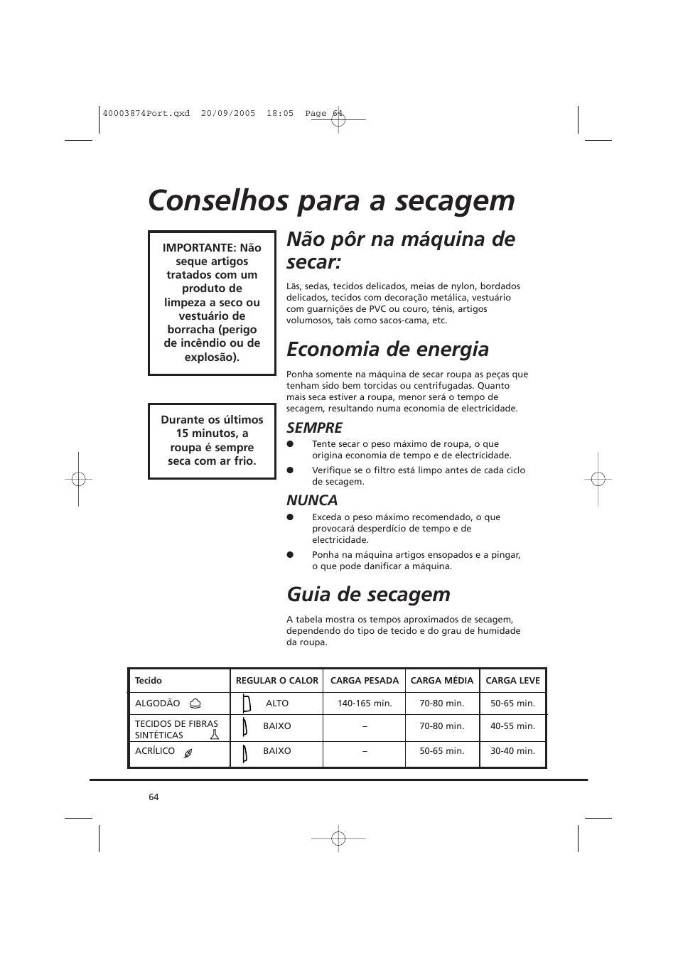 Conselhos para a secagem, Não pôr na máquina de secar, Economia de energia | Guia de secagem, Sempre, Nunca | Candy CC2 67T-01S User Manual | Page 64 / 112