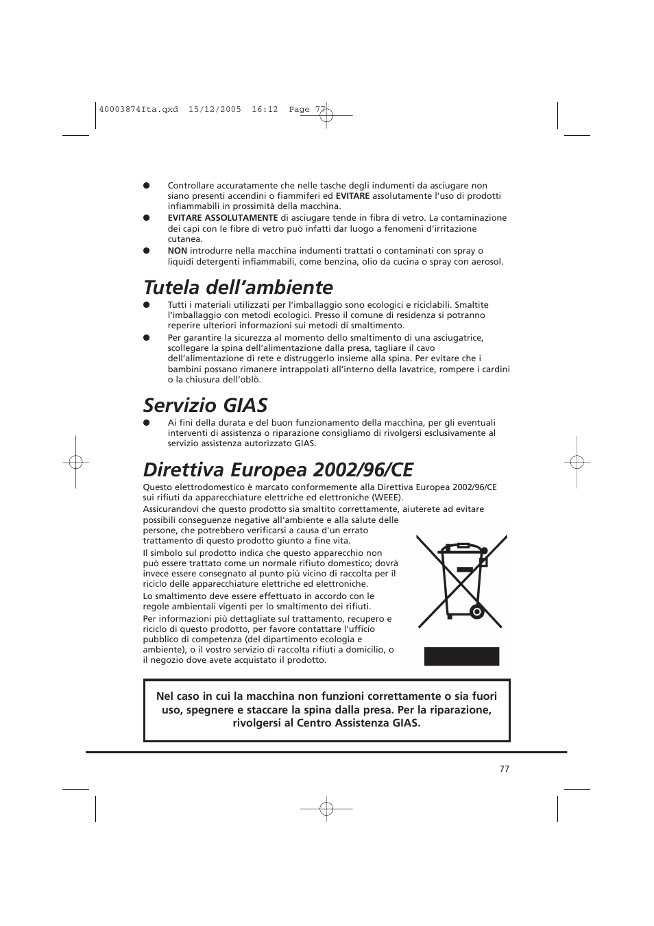 Tutela dell’ambiente, Servizio gias | Candy CC2 67T-01S User Manual | Page 77 / 112