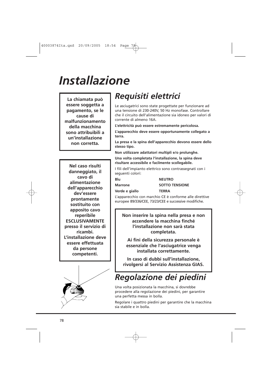 Installazione, Requisiti elettrici, Regolazione dei piedini | Candy CC2 67T-01S User Manual | Page 78 / 112