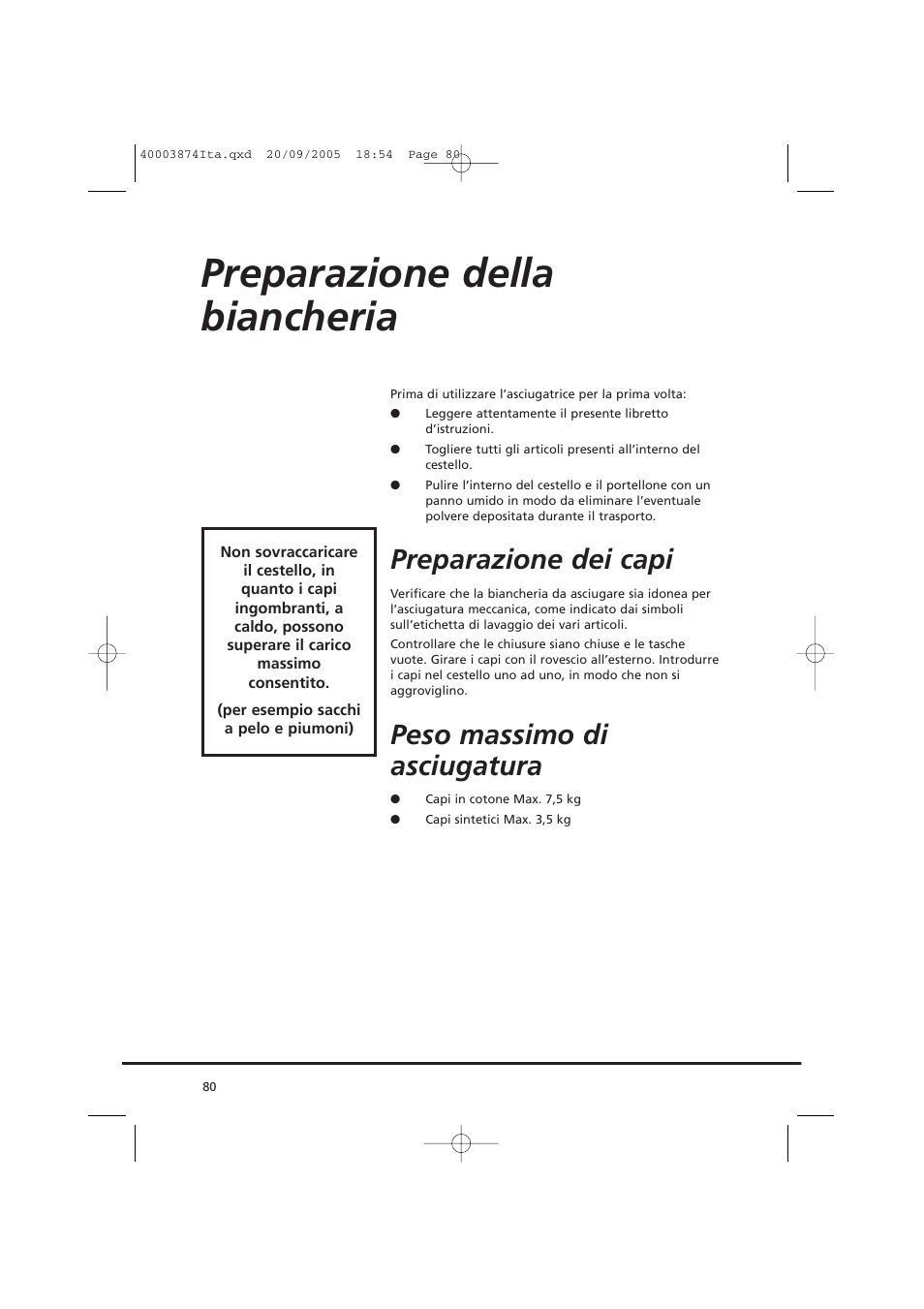 Preparazione della biancheria, Preparazione dei capi, Peso massimo di asciugatura | Candy CC2 67T-01S User Manual | Page 80 / 112