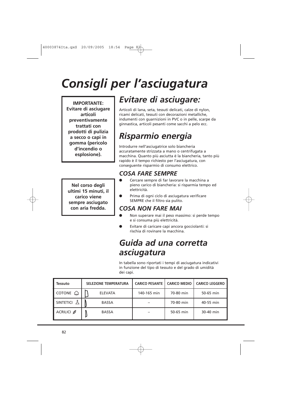 Consigli per l’asciugatura, Evitare di asciugare, Risparmio energia | Guida ad una corretta asciugatura, Cosa fare sempre, Cosa non fare mai | Candy CC2 67T-01S User Manual | Page 82 / 112