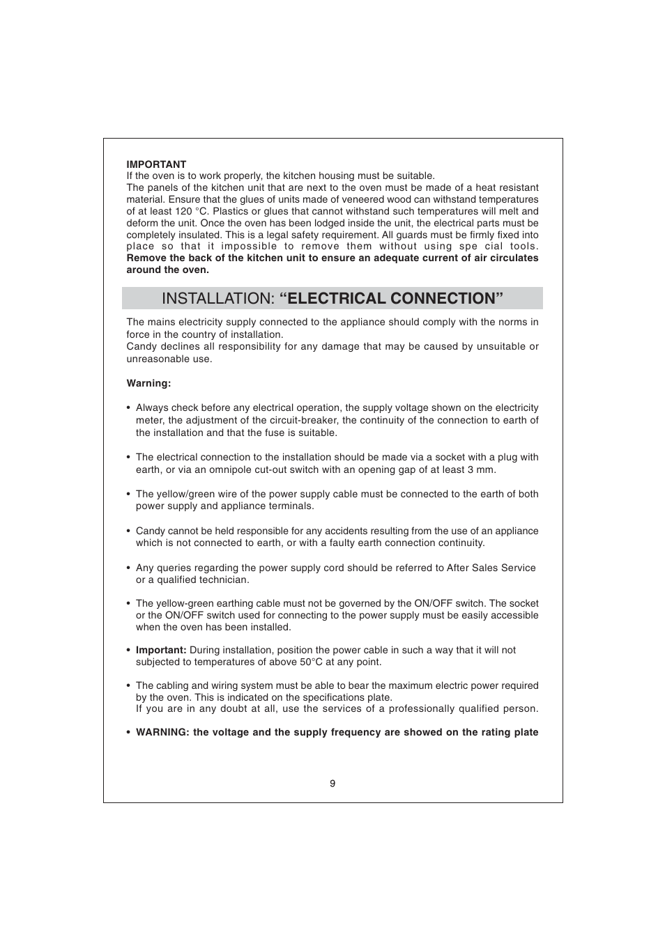 Installation: “electrical connection | Candy FDP 299 NX User Manual | Page 10 / 17