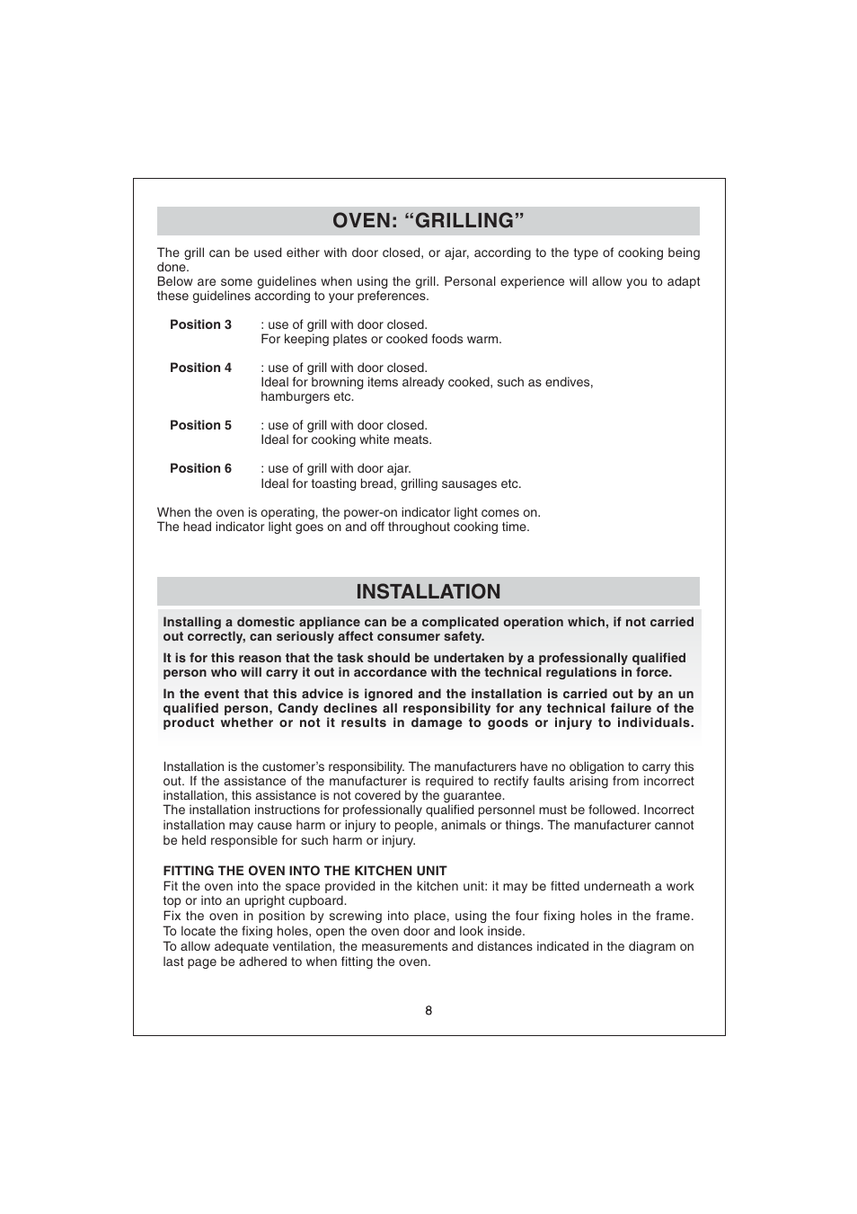 Oven: “grilling, Installation | Candy FDP 299 NX User Manual | Page 9 / 17