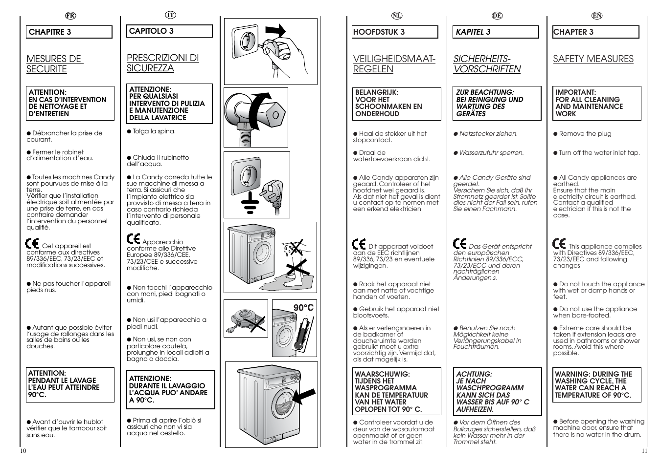 Mesures de securite, Sicherheits- vorschriften, Safety measures | Veiligheidsmaat- regelen, Prescrizioni di sicurezza | Candy CB 824 T User Manual | Page 6 / 33