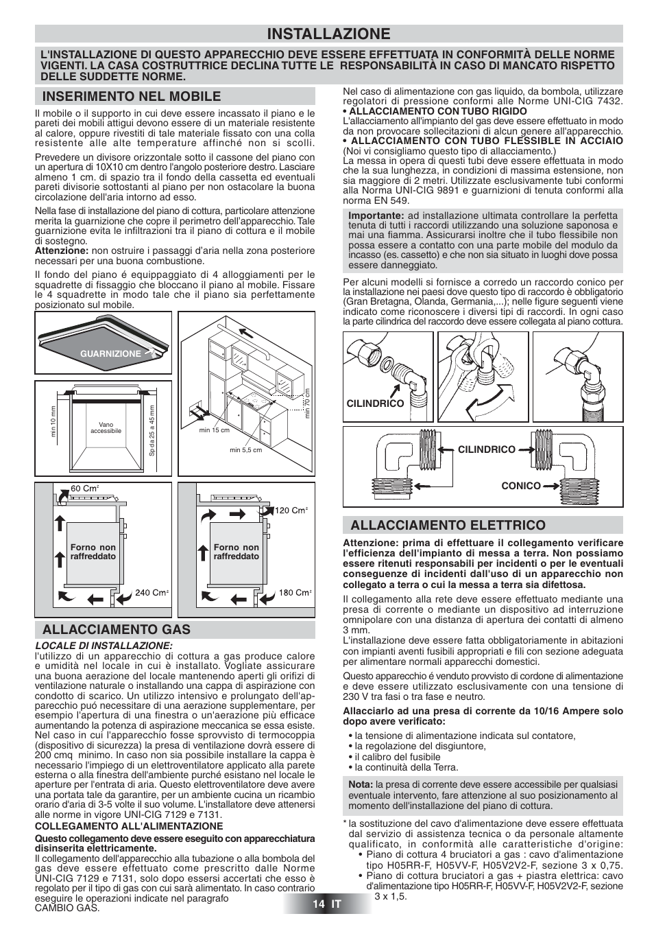 Installazione, Allacciamento gas inserimento nel mobile, Allacciamento elettrico | Candy TR 31 RUFA User Manual | Page 15 / 26