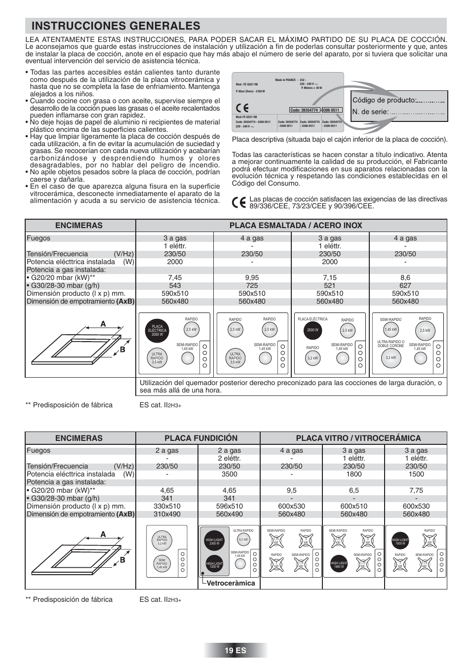 Instrucciones generales, 19 es, Placa fundición encimeras | Placa vitro / vitrocerámica, Placa esmaltada / acero inox encimeras, Vetroceràmica, Predisposición de fábrica es cat. ii | Candy TR 31 RUFA User Manual | Page 20 / 26