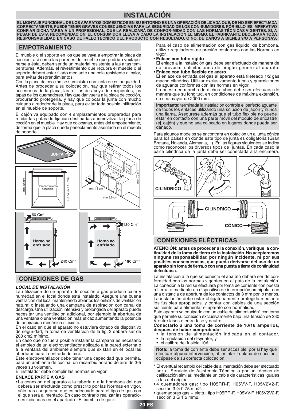 Instalación, Conexiones de gas empotramiento, Conexiones eléctricas | Candy TR 31 RUFA User Manual | Page 21 / 26