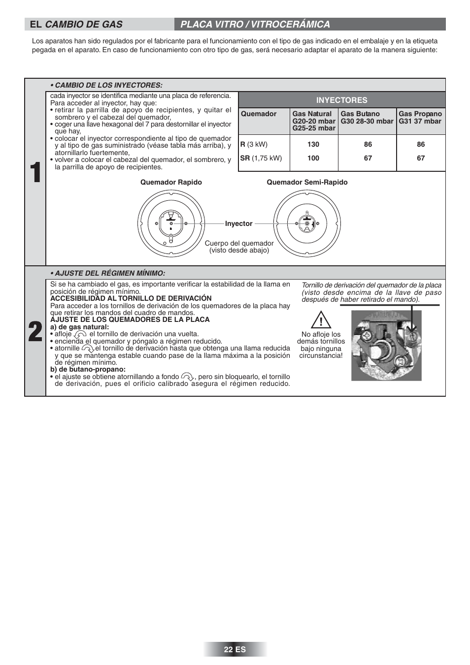 El cambio de gas placa vitro / vitrocerámica | Candy TR 31 RUFA User Manual | Page 23 / 26