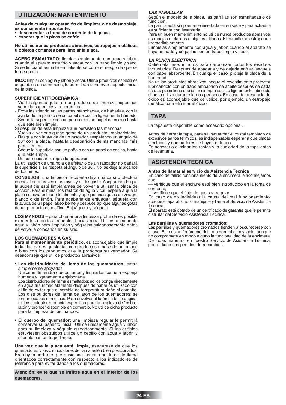 Tapa, Utilización: mantenimiento, Asistencia técnica | Candy TR 31 RUFA User Manual | Page 25 / 26