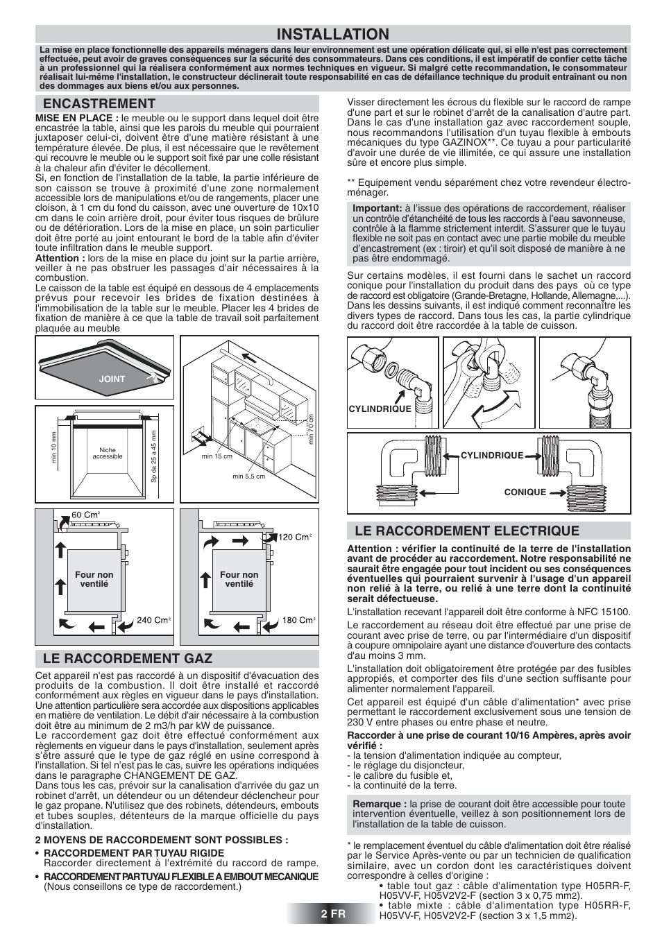 Installation, Le raccordement gaz encastrement, Le raccordement electrique | Candy TR 31 RUFA User Manual | Page 3 / 26