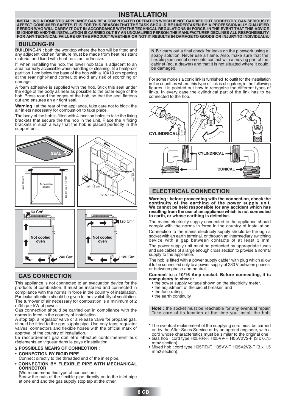 Installation, Gas connection building-in, Electrical connection | Candy TR 31 RUFA User Manual | Page 9 / 26