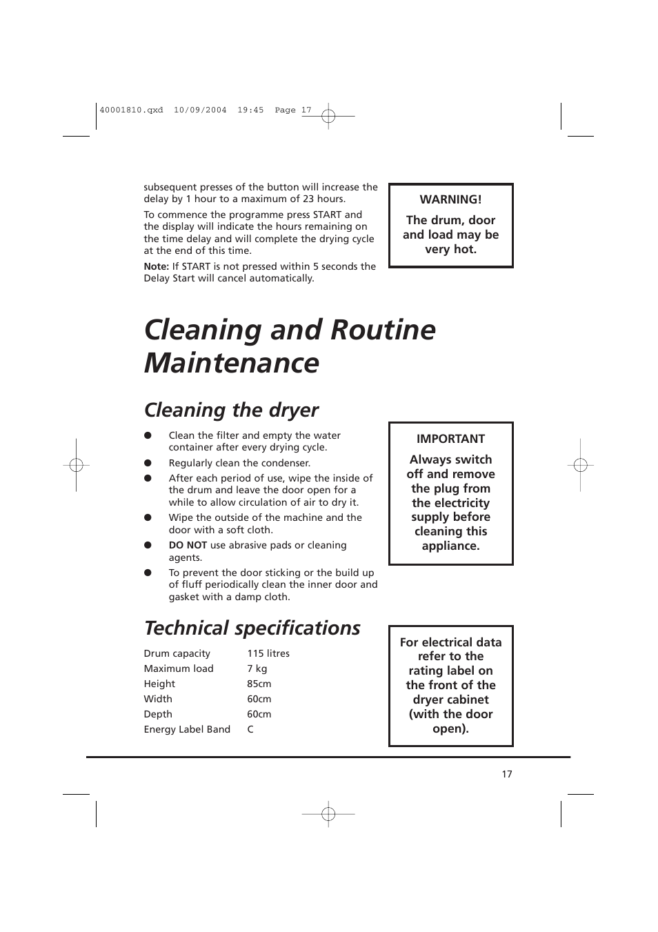 Cleaning and routine maintenance, Cleaning the dryer, Technical specifications | Candy AB CDC 779 X  86 SY User Manual | Page 17 / 92