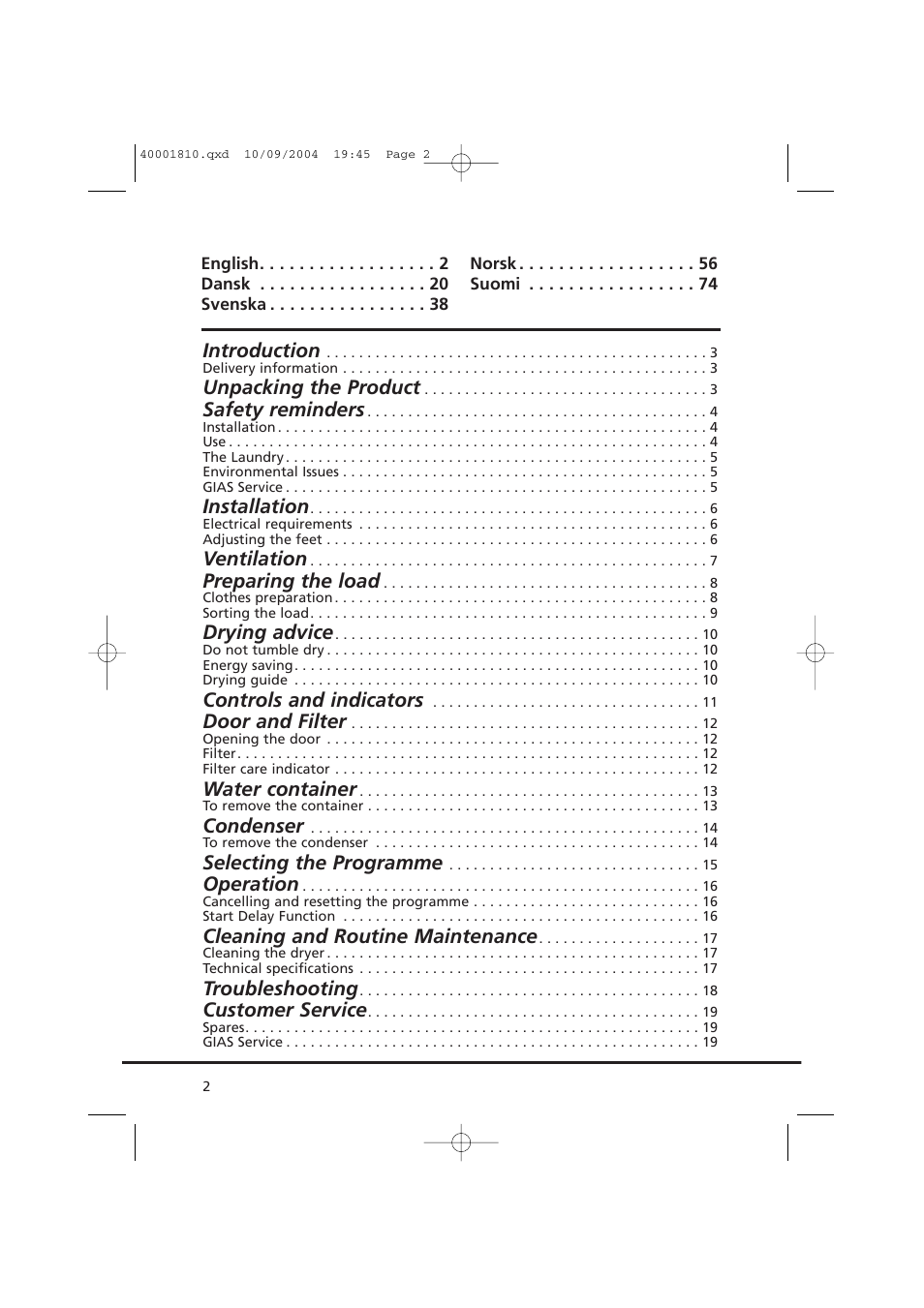Introduction, Unpacking the product, Safety reminders | Installation, Ventilation, Preparing the load, Drying advice, Controls and indicators, Door and filter, Water container | Candy AB CDC 779 X  86 SY User Manual | Page 2 / 92